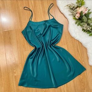 Vintage dark pine green coloured minimal bias cut satin slip dress